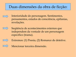 Duas dimensões da obra de ficção: Interioridade do personagem. Sentimentos, pensamentos, estados de consciência, epifanias, revelações. Extremos: (1) Poesia, (2) Romance de detetive. Seqüência de acontecimentos externos que independem da vontade de um personagem específico (trama).  Mencionar terceira dimensão. 
