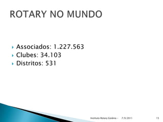  Associados: 1.227.563
 Clubes: 34.103
 Distritos: 531
7/9/2011Instituto Rotary Goiânia - 15
 