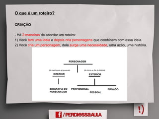 O que é um roteiro?
CRIAÇÃO
- Há 2 maneiras de abordar um roteiro:
1) Você tem uma ideia e depois cria personagens que combinem com essa ideia.
2) Você cria um personagem, dele surge uma necessidade, uma ação, uma história.
 