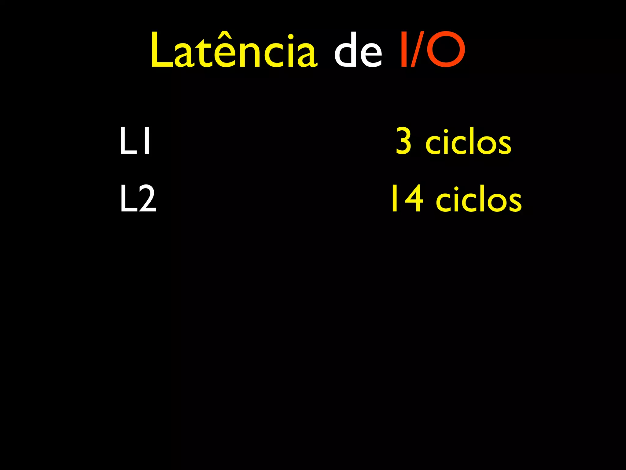 L1 3 ciclos L2 14 ciclos Latência de I/O 