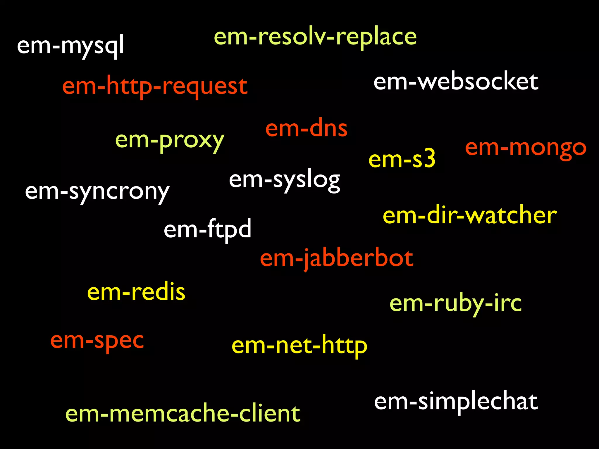 em-mysql em-http-request em-websocket em-proxy em-syncrony em-redis em-spec em-ftpd em-dns em-jabberbot em-resolv-replace em-syslog em-dir-watcher em-ruby-irc em-net-http em-s3 em-mongo em-memcache-client em-simplechat 