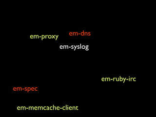 em-proxy
em-spec
em-dns
em-syslog
em-ruby-irc
em-memcache-client
 