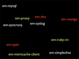 em-mysql


       em-proxy     em-dns
                                     em-mongo
em-syncrony       em-syslog



       ...