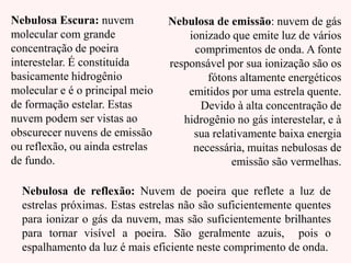 Nebulosa Escura: nuvem
molecular com grande
concentração de poeira
interestelar. É constituída
basicamente hidrogênio
molecular e é o principal meio
de formação estelar. Estas
nuvem podem ser vistas ao
obscurecer nuvens de emissão
ou reflexão, ou ainda estrelas
de fundo.
Nebulosa de emissão: nuvem de gás
ionizado que emite luz de vários
comprimentos de onda. A fonte
responsável por sua ionização são os
fótons altamente energéticos
emitidos por uma estrela quente.
Devido à alta concentração de
hidrogênio no gás interestelar, e à
sua relativamente baixa energia
necessária, muitas nebulosas de
emissão são vermelhas.
Nebulosa de reflexão: Nuvem de poeira que reflete a luz de
estrelas próximas. Estas estrelas não são suficientemente quentes
para ionizar o gás da nuvem, mas são suficientemente brilhantes
para tornar visível a poeira. São geralmente azuis, pois o
espalhamento da luz é mais eficiente neste comprimento de onda.
 