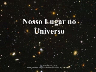 Nosso Lugar noNosso Lugar no
UniversoUniverso
The Hubble Ultra Deep Field
Credit: S. Beckwith & the HUDF Working Group (STScI), HST, ESA, NASA
 