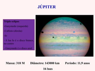 JÚPITERJÚPITER
Massa: 318 M Diâmetro: 143000 km Período: 11,9 anos
16 luas
Triplo eclipse:
-Ganymede (esquerda)
-Callisto (direita)
-Io
- A lua Io é o disco branco,
no centro
- Ganymede é o disco azul.
 