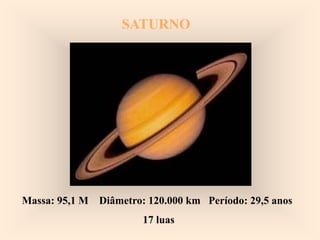 SATURNOSATURNO
Massa: 95,1 M Diâmetro: 120.000 km Período: 29,5 anos
17 luas
 