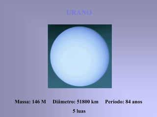 URANOURANO
Massa: 146 M Diâmetro: 51800 km Período: 84 anos
5 luas
 