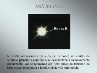 ANÃ BRANCAANÃ BRANCA
A estrela remanescente (núcleo de carbono) no centro da
nebulosa planetária continua a se desenvolver. Gradativamente
seu tamanho vai se reduzindo até ficar quase do tamanho da
Terra e sua temperatura e luminosidade vão diminuindo. Ruth BrunoRuth BrunoRuth Bruno
IF/UFFIF/UFFIF/UFF
 