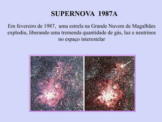 SUPERNOVA 1987ASUPERNOVA 1987A
Em fevereiro de 1987, uma estrela na Grande Nuvem de Magalhães
explodiu, liberando uma tremenda quantidade de gás, luz e neutrinos
no espaço interestelar
Ruth BrunoRuth BrunoRuth Bruno
IF/UFFIF/UFFIF/UFF
 