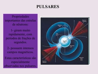 PULSARESPULSARES
Propriedades
importantes das estrelas
de nêutrons:
1- giram muito
rapidamente, com
períodos de frações de
segundos.
2- possuem intensos
campos magnéticos.
Estas características são
especialmente
observadas nos pulsares.
Ruth BrunoRuth BrunoRuth Bruno
IF/UFFIF/UFFIF/UFF
 