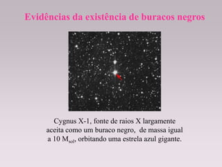 Cygnus X-1, fonte de raios X largamente
aceita como um buraco negro, de massa igual
a 10 Msol, orbitando uma estrela azul gigante.
Evidências da existência de buracos negrosEvidências da existência de buracos negros
Ruth BrunoRuth BrunoRuth Bruno
IF/UFFIF/UFFIF/UFF
 