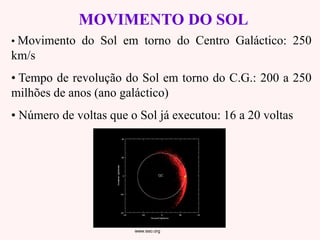 MOVIMENTO DO SOLMOVIMENTO DO SOL
• Movimento do Sol em torno do Centro Galáctico: 250
km/s
• Tempo de revolução do Sol em torno do C.G.: 200 a 250
milhões de anos (ano galáctico)
• Número de voltas que o Sol já executou: 16 a 20 voltas
www.eso.org
 