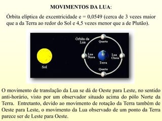 ROTAÇÃO DA LUAROTAÇÃO DA LUA
O tempo que a Lua leva para
orbitar em volta da Terra (27,3
dias) é igual ao tempo que ela le...