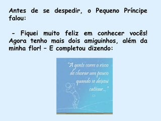 Antes de se despedir, o Pequeno Príncipe
falou:
- Fiquei muito feliz em conhecer vocês!
Agora tenho mais dois amiguinhos, além da
minha flor! – E completou dizendo:
 