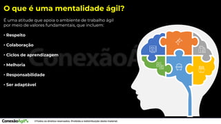 O que é uma mentalidade ágil?
É uma atitude que apoia o ambiente de trabalho ágil
por meio de valores fundamentais, que incluem:
• Respeito
• Colaboração
• Ciclos de aprendizagem
• Melhoria
• Responsabilidade
• Ser adaptável
 