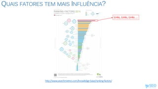 QUAIS FATORES TEM MAIS INFLUÊNCIA?
http://www.searchmetrics.com/knowledge-base/ranking-factors/
Links, Links, Links ...
 