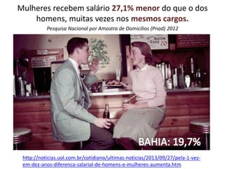 Mulheres recebem salário 27,1% menor do que o dos 
homens, muitas vezes nos mesmos cargos. 
Pesquisa Nacional por Amostra de Domicílios (Pnad) 2012 
http://noticias.uol.com.br/cotidiano/ultimas-noticias/2013/09/27/pela-1-vez-em- 
dez-anos-diferenca-salarial-de-homens-e-mulheres-aumenta.htm 
 