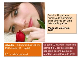 Brasil – 7º país em 
número de homicídios 
de mulheres em uma 
lista de 84 países 
Mapa da Violência 
2012 
De cada 10 mulheres vítima de 
homicídio, 7 são assassinadas 
por aqueles com quem elas 
mantêm uma relação de afeto 
Salvador – 8,3 homicídios 100 mil 
118ª cidade; 5ª - capital 
4,6: a média nacional 
 