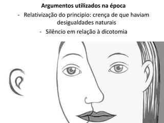 Argumentos utilizados na época 
- Relativização do principio: crença de que haviam 
desigualdades naturais 
- Silêncio em relação à dicotomia 
 