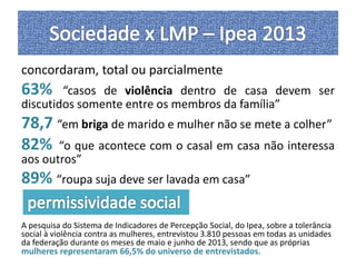 concordaram, total ou parcialmente 
63% “casos de violência dentro de casa devem ser 
discutidos somente entre os membros da família” 
78,7 “em briga de marido e mulher não se mete a colher” 
82% “o que acontece com o casal em casa não interessa 
aos outros” 
89% “roupa suja deve ser lavada em casa” 
A pesquisa do Sistema de Indicadores de Percepção Social, do Ipea, sobre a tolerância 
social à violência contra as mulheres, entrevistou 3.810 pessoas em todas as unidades 
da federação durante os meses de maio e junho de 2013, sendo que as próprias 
mulheres representaram 66,5% do universo de entrevistados. 
 