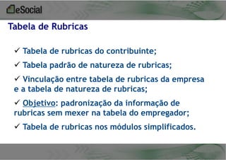 Tabela de Rubricas
 Tabela de rubricas do contribuinte;

 Tabela padrão de natureza de rubricas;
 Vinculação entre tabela de rubricas da empresa
e a tabela de natureza de rubricas;

 Objetivo: padronização da informação de
rubricas sem mexer na tabela do empregador;
 Tabela de rubricas nos módulos simplificados.

 