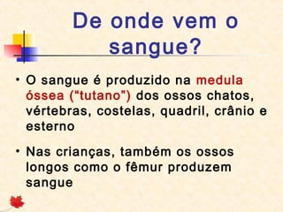 De onde vem o
sangue?
• O sangue é produzido na medula
óssea (“tutano”) dos ossos chatos,
vértebras, costelas, quadril, crânio e
esterno
• Nas crianças, também os ossos
longos como o fêmur produzem
sangue

 