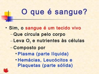 O que é sangue?
• Sim, o sangue é um tecido vivo
– Que circula pelo corpo
– Leva O 2 e nutrientes às células
– Composto por
• Plasma (parte líquida)
• Hemácias, Leucócitos e
Plaquetas (parte sólida)

 