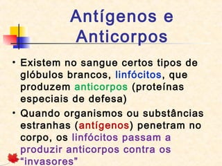 Antígenos e
Anticorpos
• Existem no sangue certos tipos de
glóbulos brancos, linfócitos, que
produzem anticorpos (proteínas
especiais de defesa)
• Quando organismos ou substâncias
estranhas (antígenos) penetram no
corpo, os linfócitos passam a
produzir anticorpos contra os
“invasores”

 