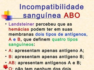 Incompatibilidade
sanguínea ABO
• Landsteiner percebeu que as
hemácias podem ter em suas
membranas dois tipos de antígenos,
A e B, que definem quatro tipos
sanguíneos:
• A: apresentam apenas antígeno A;
• B: apresentam apenas antígeno B;
• AB: apresentam antígenos A e B;
•

 
