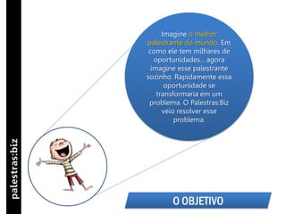 Imagine o melhor
palestrante do mundo. Em
 como ele tem milhares de
   oportunidades... agora
  imagine esse palestrante
sozinho. Rapidamente essa
       oportunidade se
    transformaria em um
 problema. O Palestras:Biz
      veio resolver esse
          problema.




       O OBJETIVO
 