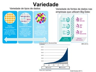 Variedade
IBM (2012)
Variedade de fontes de dados nas
empresas que utilizam Big Data:
Dados
Estruturados
Dados com comprimento e
tipo pré-definidos
agrupados em linhas e
colunas. Ex: Números,
strings, Banco de Dados,
etc.
Dados
Semiestruturados
Dados que não
possuem um
comprimento ou tipo
definido, mas tem
formato padronizado.
Ex: Arquivos XML,
JSON.
Dados Não
Estruturados
Dados que não
possuem uma estrutura
ou formato padrão. Ex:
Vídeos, imagens, redes
sociais, texto, etc.
Variedade de tipos de dados:
Credit Suisse (2011)
 