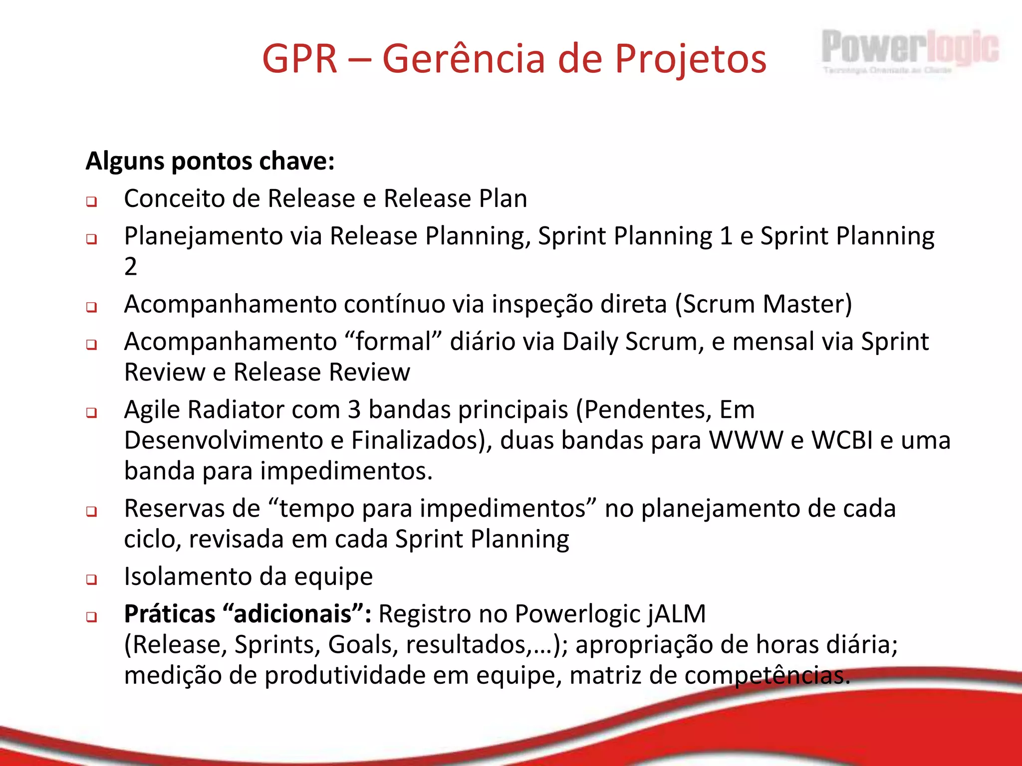  Gerenciamento em projetos ágeisFOCO no OUTPUT e não no INPUTPlanejamento preditivos:Criação de um plano com atividades definidasO gerenciamento/acompanhamento de atividades conforme o planoPlanejamento ágil:Criação de entregas com conjunto de itens priorizadosGerencimanto via feedback e constante adaptação