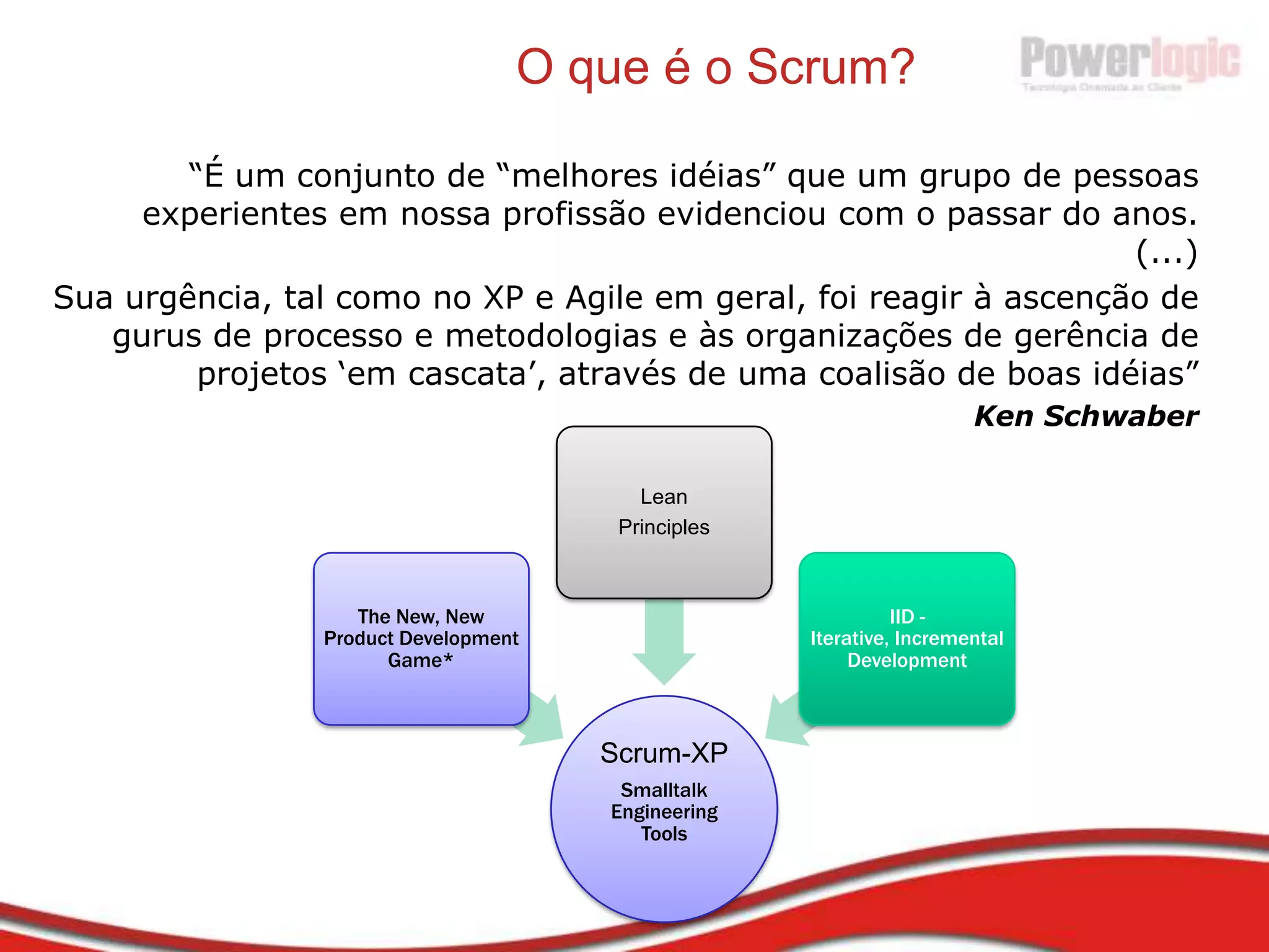 Origem do ScrumNonaka e Takeuchi – “The New New Product Development Game” – Janeiro/Fevereiro 1986 (Harvard Business Review)Estudo das práticas de gestão (do conhecimento) quediferenciavam as empresas Fuji Film, Toyota, 3M e Xerox, Epson, Brother, NEC e Honda.Identificamdiferençaschave entre empresasjaponesasinovadoras e ocidentais: - Ênfasenaimportância do ‘conhecimentotácito’- Processos de gerenciamento ‘do-meio-para-cima-e-para-baixo’ (middle-up-down process management)