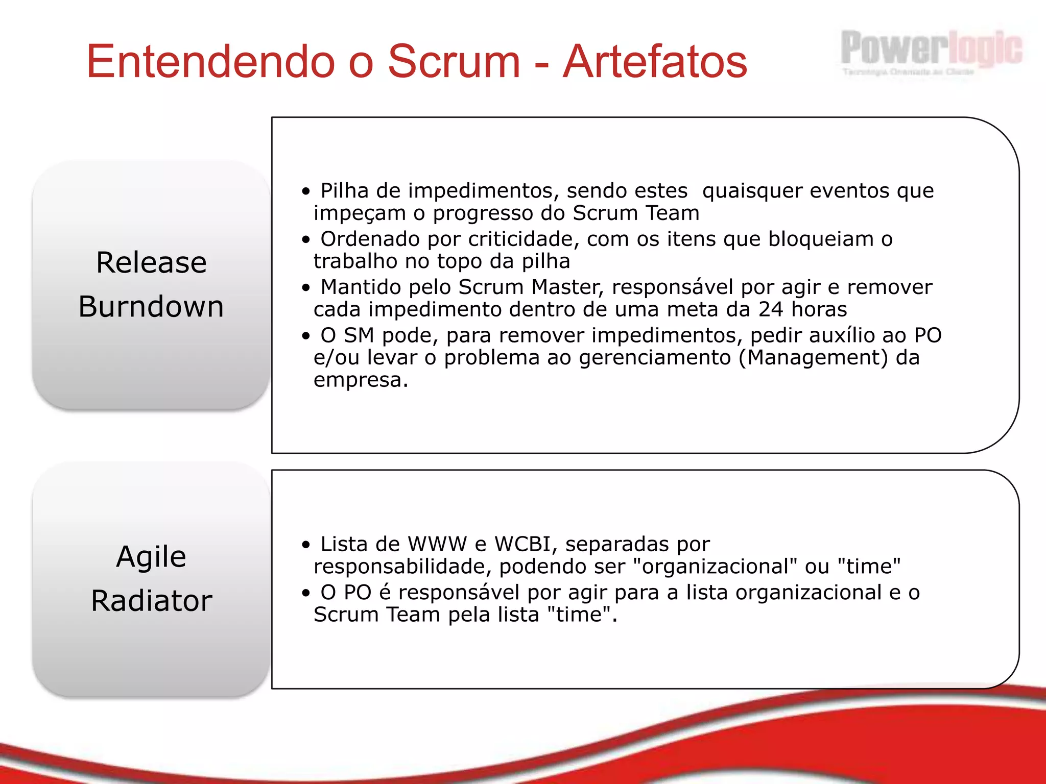 O que é o Scrum?Reagindo a Mudanças de Forma Ágil(Planejamento Mensal – Adaptabilidade e Comunicação Diárias)Em Rugby, Scrum é um time de oito integrantes que trabalham em conjunto para levar a bola adiante no campo. Ou seja: times trabalhando como uma unidade altamente integrada com cada membro desempenhando um papel bem definido e o time inteiro focando num único objetivo.Eliminas práticas de controle desnecessárias, inadequadas e burocráticas, se concentrando na essência do processo de confecção de sistemas de informação.Fonte: news.bbc.co.uk/sport1/hi/rugby_union/7048733.stm