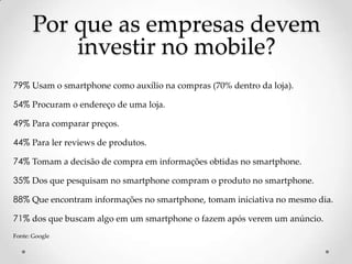 Por que as empresas devem investir no mobile?79% Usam o smartphone como auxílio na compras (70% dentro da loja).54% Procuram o endereço de uma loja.49% Para comparar preços.44% Para ler reviews de produtos.74% Tomam a decisão de compra em informações obtidas no smartphone.35% Dos que pesquisam no smartphone compram o produto no smartphone.88% Que encontram informações no smartphone, tomam iniciativa no mesmo dia.71% dos que buscam algo em um smartphone o fazem após verem um anúncio.Fonte: Google