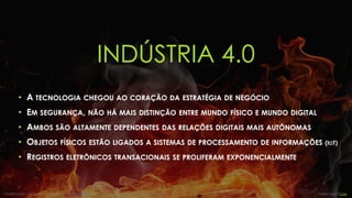 INDÚSTRIA 4.0
• A TECNOLOGIA CHEGOU AO CORAÇÃO DA ESTRATÉGIA DE NEGÓCIO
• EM SEGURANÇA, NÃO HÁ MAIS DISTINÇÃO ENTRE MUNDO FÍSICO E MUNDO DIGITAL
• AMBOS SÃO ALTAMENTE DEPENDENTES DAS RELAÇÕES DIGITAIS MAIS AUTÔNOMAS
• OBJETOS FÍSICOS ESTÃO LIGADOS A SISTEMAS DE PROCESSAMENTO DE INFORMAÇÕES (IOT)
• REGISTROS ELETRÔNICOS TRANSACIONAIS SE PROLIFERAM EXPONENCIALMENTE
Volkswagen CaseClassificação: conteúdo público. Reprodução somente se mencionada a autoria | Marcos Sêmola
 