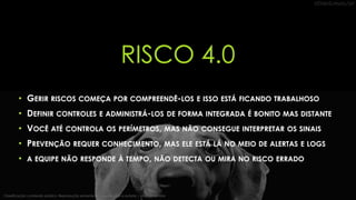 RISCO 4.0
• GERIR RISCOS COMEÇA POR COMPREENDÊ-LOS E ISSO ESTÁ FICANDO TRABALHOSO
• DEFINIR CONTROLES E ADMINISTRÁ-LOS DE FORMA INTEGRADA É BONITO MAS DISTANTE
• VOCÊ ATÉ CONTROLA OS PERÍMETROS, MAS NÃO CONSEGUE INTERPRETAR OS SINAIS
• PREVENÇÃO REQUER CONHECIMENTO, MAS ELE ESTÁ LÁ NO MEIO DE ALERTAS E LOGS
• A EQUIPE NÃO RESPONDE À TEMPO, NÃO DETECTA OU MIRA NO RISCO ERRADO
Classificação: conteúdo público. Reprodução somente se mencionada a autoria | Marcos Sêmola
 
