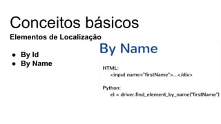 Conceitos básicos
Elementos de Localização
● By Id
● By Name
 