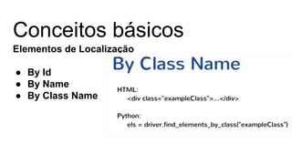 Conceitos básicos
Elementos de Localização
● By Id
● By Name
● By Class Name
 