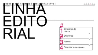 #PRODUÇÃO DE CONTEÚDO E RELACIONAMENTO |  conteúdo LINHA EDITORIAL #4 Relevância de canais #3 Público #2 Objetivos #1 Diretrizes de marca 