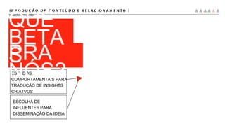 #PRODUÇÃO DE CONTEÚDO E RELACIONAMENTO |  relacionamento ESTUDOS COMPORTAMENTAIS PARA TRADUÇÃO DE INSIGHTS CRIATVOS ESCOLHA DE INFLUENTES PARA DISSEMINAÇÃO DA IDEIA FAZEM PRA NÓS? O QUE BETAS 