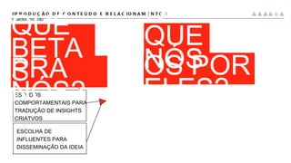 ESCOLHA DE INFLUENTES PARA DISSEMINAÇÃO DA IDEIA #PRODUÇÃO DE CONTEÚDO E RELACIONAMENTO |  relacionamento ESTUDOS COMPORTAMENTAIS PARA TRADUÇÃO DE INSIGHTS CRIATVOS FAZEMOS POR ELES? O QUE NÓS  FAZEM PRA NÓS? O QUE BETAS 