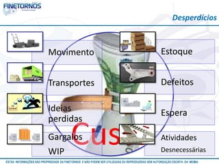 Movimento Estoque 
Transportes Defeitos 
Ideias 
perdidas 
Custo 
Desperdícios 
Espera 
Gargalos 
WIP 
Atividades 
Desnecessárias 
ESTAS INFORMAÇÕES SÃO PROPRIEDADE DA FINETORNOS E NÃO PODEM SER UTILIZADAS OU REPRODUZIDAS SEM AUTORIZAÇÃOA EtSuCaRIlTizAa DdAo M eEmSM A10/12 
 