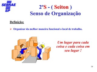 2ºS - ( Seiton )
               Senso de Organização
Definição:

  Organizar da melhor maneira funcional o local de trabalho.




                                       Um lugar para cada
                                      coisa e cada coisa em
                                           seu lugar !



                                                               18
 