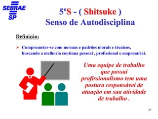 5ºS - ( Shitsuke )
              Senso de Autodisciplina
Definição:

  Comprometer-se com normas e padrões morais e técnicos,
  buscando a melhoria contínua pessoal , profissional e empresarial.

                                  Uma equipe de trabalho
                                         que possui
                                 profissionalismo tem uma
                                  postura responsável de
                                 atuação em sua atividade
                                        de trabalho .
                                                                       27
 