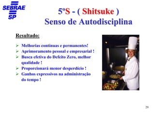 5ºS - ( Shitsuke )
             Senso de Autodisciplina
Resultado:
  Melhorias contínuas e permanentes!
  Aprimoramento pessoal e empresarial !
  Busca efetiva do Defeito Zero, melhor
  qualidade !
  Proporcionará menor desperdício !
  Ganhos expressivos na administração
  do tempo !




                                          29
 
