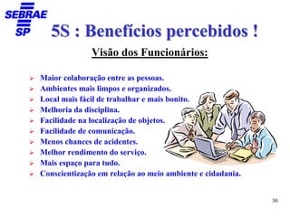 5S : Benefícios percebidos !
              Visão dos Funcionários:

Maior colaboração entre as pessoas.
Ambientes mais limpos e organizados.
Local mais fácil de trabalhar e mais bonito.
Melhoria da disciplina.
Facilidade na localização de objetos.
Facilidade de comunicação.
Menos chances de acidentes.
Melhor rendimento do serviço.
Mais espaço para tudo.
Conscientização em relação ao meio ambiente e cidadania.


                                                           30
 