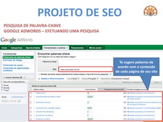 PROJETO DE SEO
PESQUISA DE PALAVRA-CHAVE
GOOGLE ADWORDS – EFETUANDO UMA PESQUISA




                                                Te sugere palavras de
                                               acordo com o conteúdo
                       www.buscarseo.com.br
                                              de cada página de seu site
 