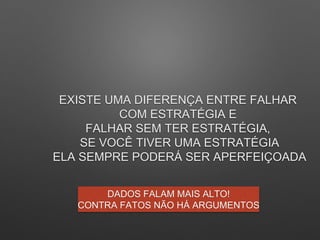 EXISTE UMA DIFERENÇA ENTRE FALHAR
COM ESTRATÉGIA E
FALHAR SEM TER ESTRATÉGIA,
SE VOCÊ TIVER UMA ESTRATÉGIA
ELA SEMPRE PODERÁ SER APERFEIÇOADA
DADOS FALAM MAIS ALTO!
CONTRA FATOS NÃO HÁ ARGUMENTOS
 